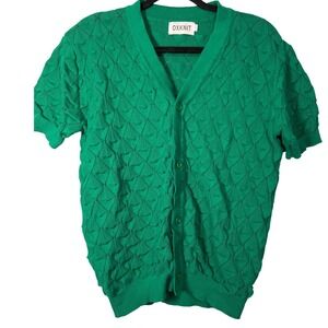 OXKNIT Mens L Green Cardigan Short Sleeve Retro Sweater Button Up Knit Grandpa